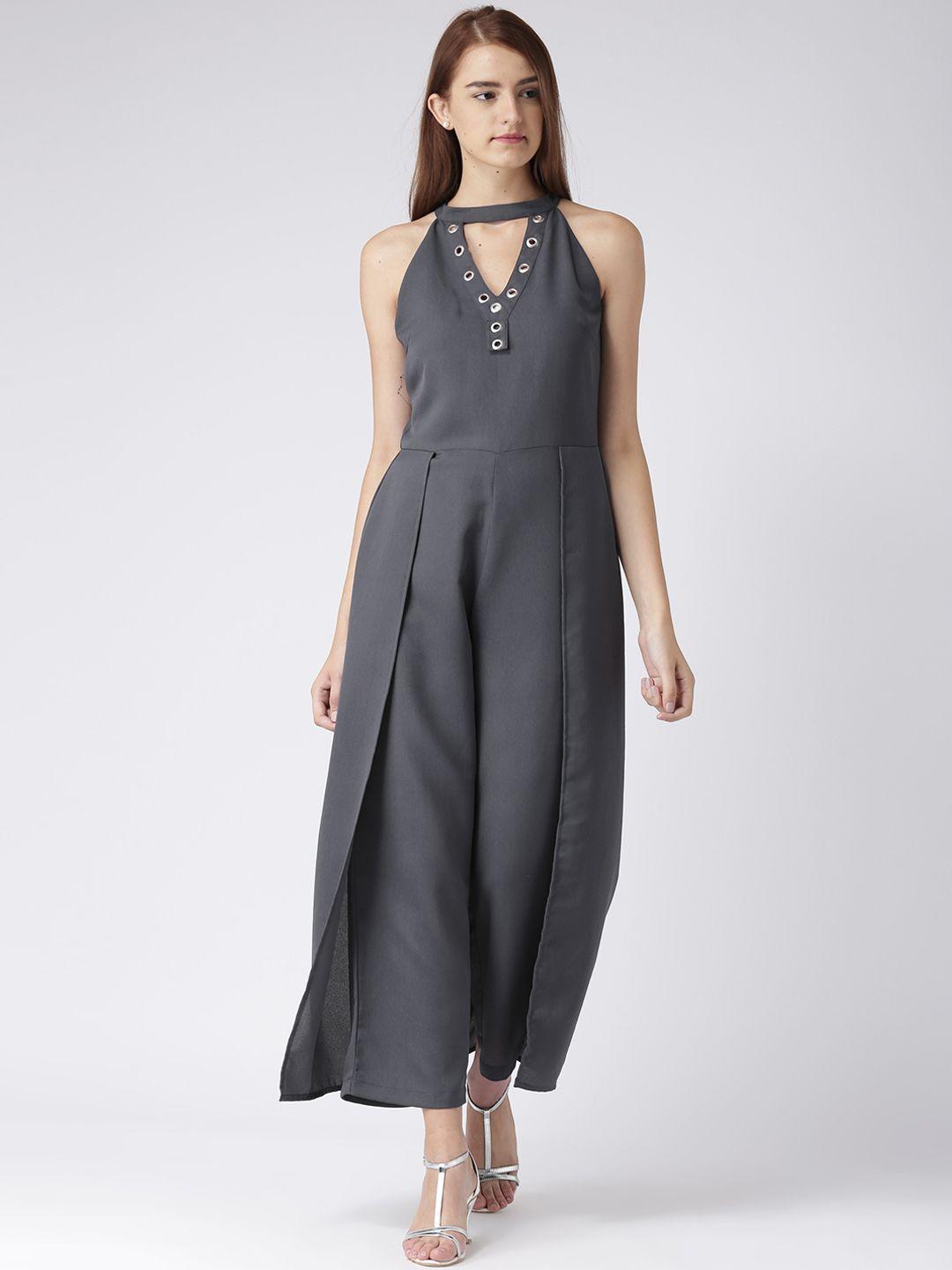 kassually women charcoal grey solid layered basic jumpsuit