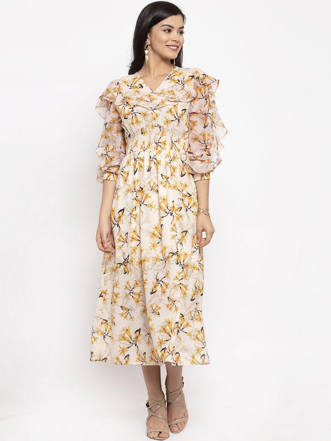 kassually women cream-coloured & yellow floral printed fit and flare dress