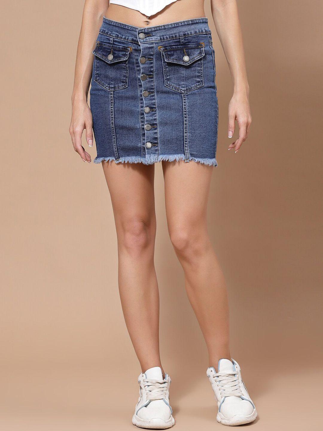 kassually women dark blue front buttoned denim mini skirts