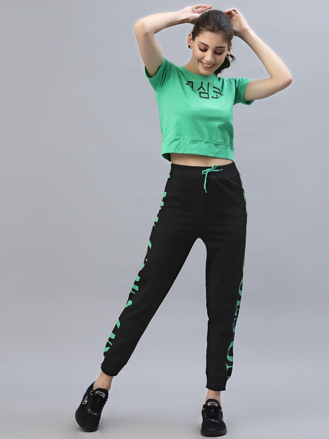 kassually women green & black printed jersey tracksuits