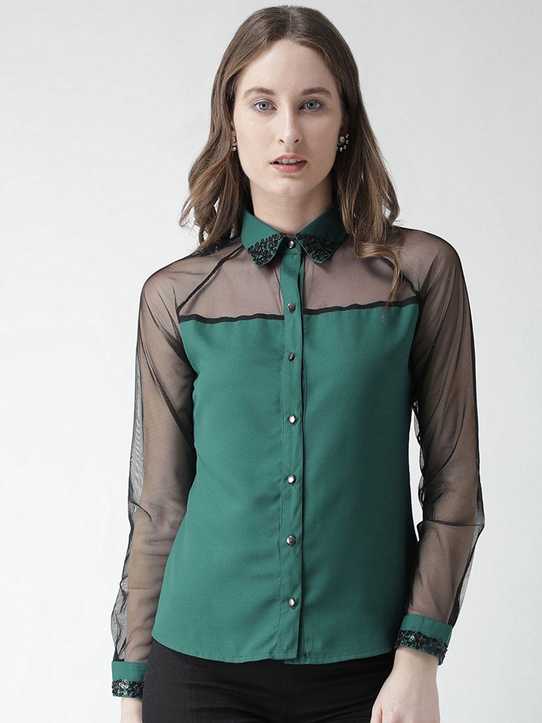 kassually women green & black regular fit solid casual shirt