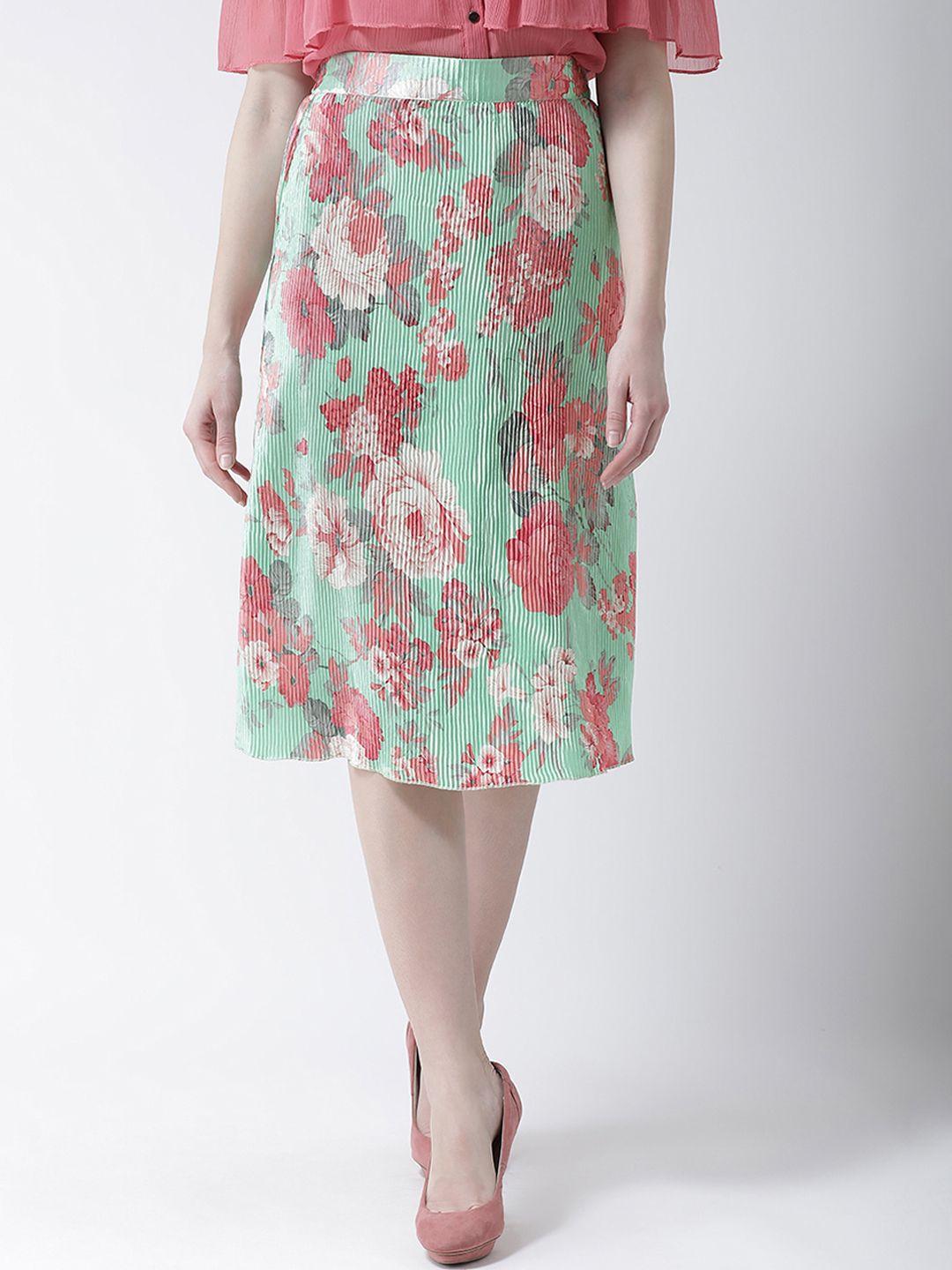 kassually women green & pink floral printed pleated a-line midi skirt