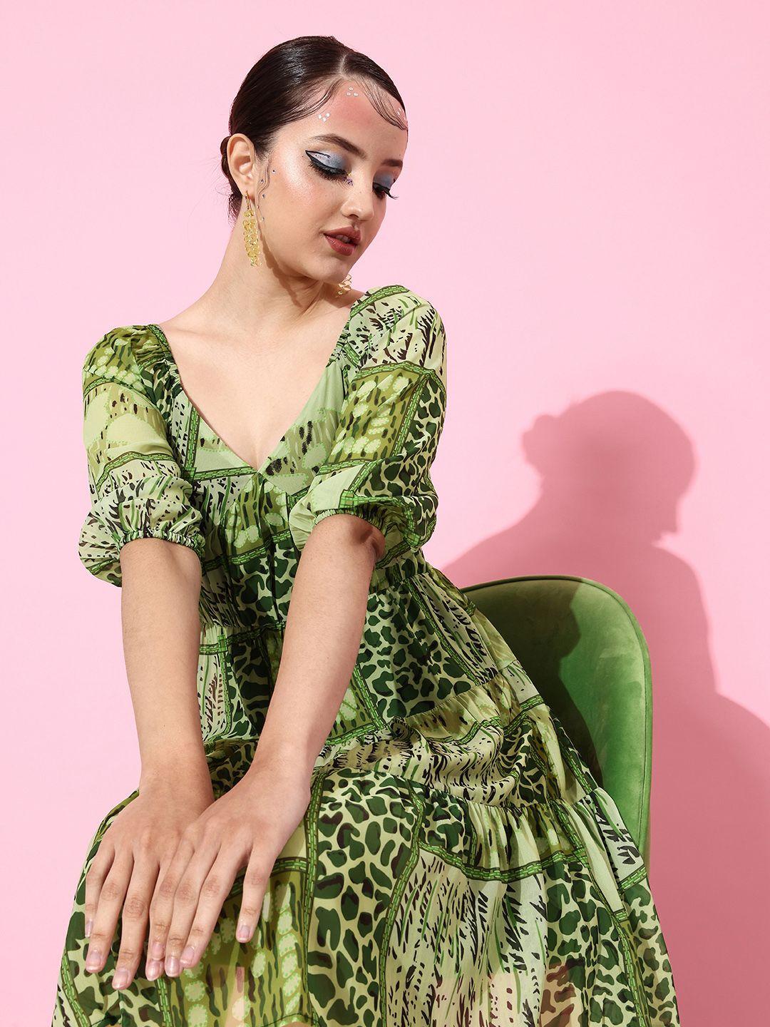 kassually women green animal printed new neckline dress