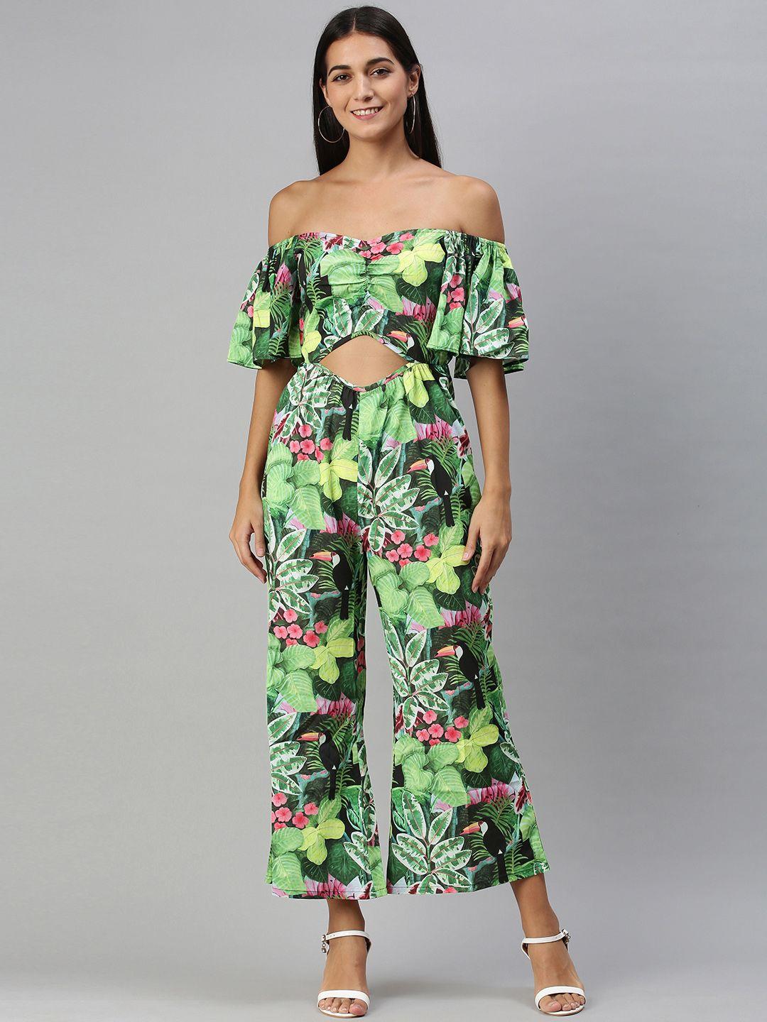 kassually women green off-shoulder tropical printed basic jumpsuit with ruffles