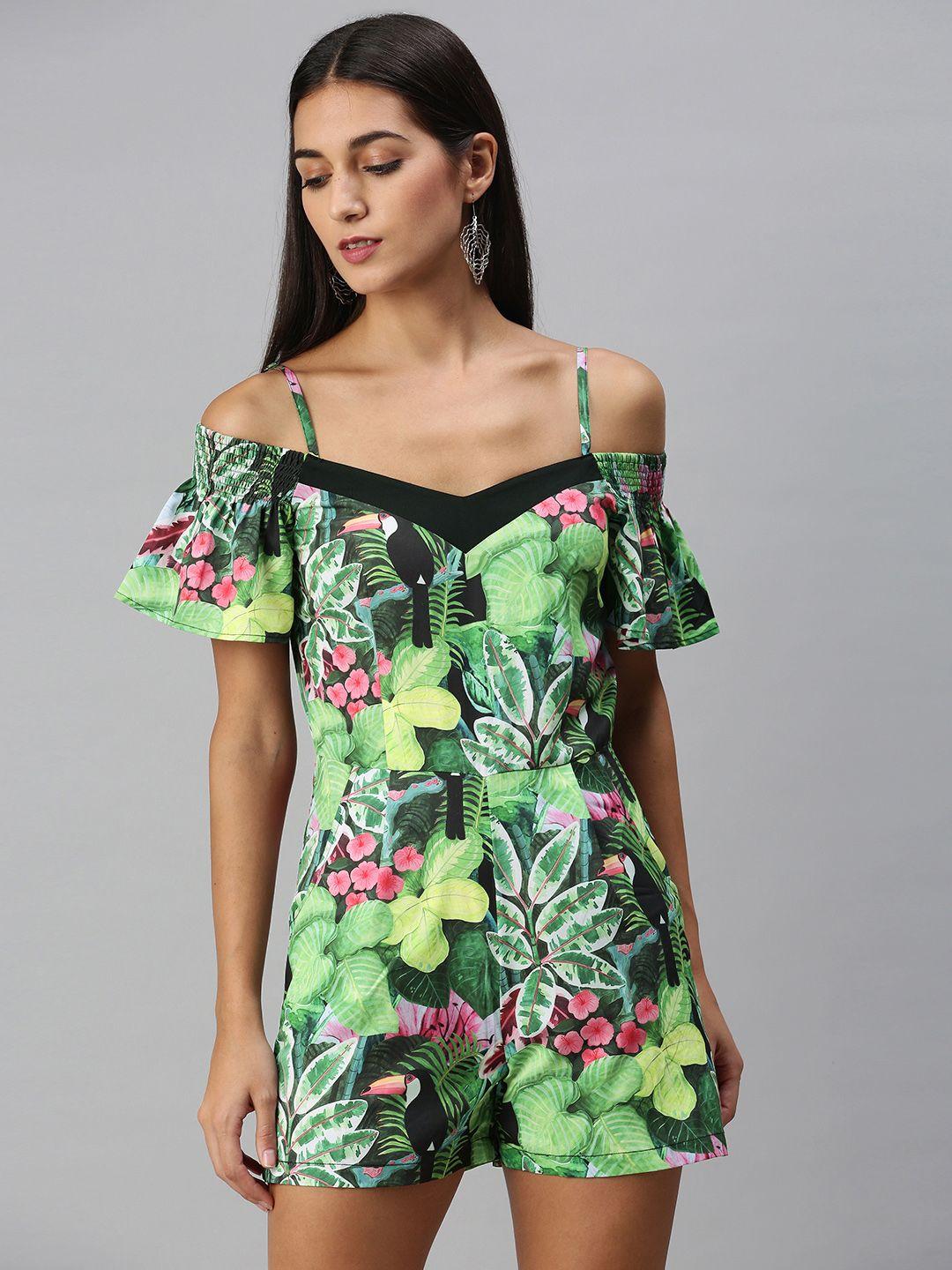 kassually women green off-shoulder tropical printed jumpsuit