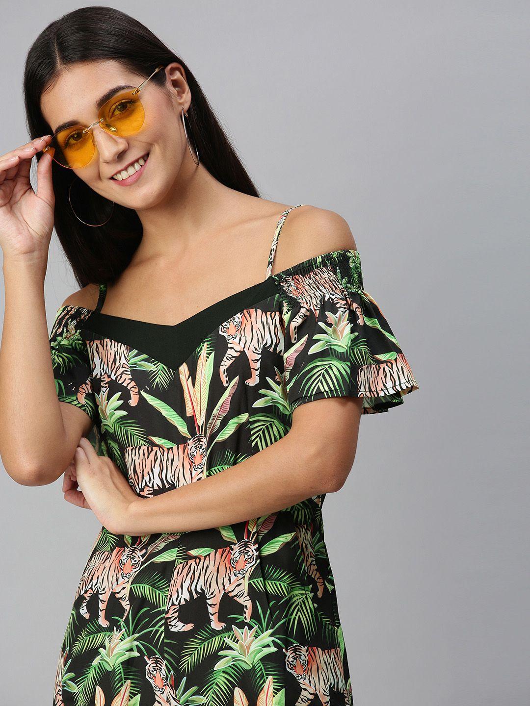 kassually women green off-shoulder tropical printed jumpsuit