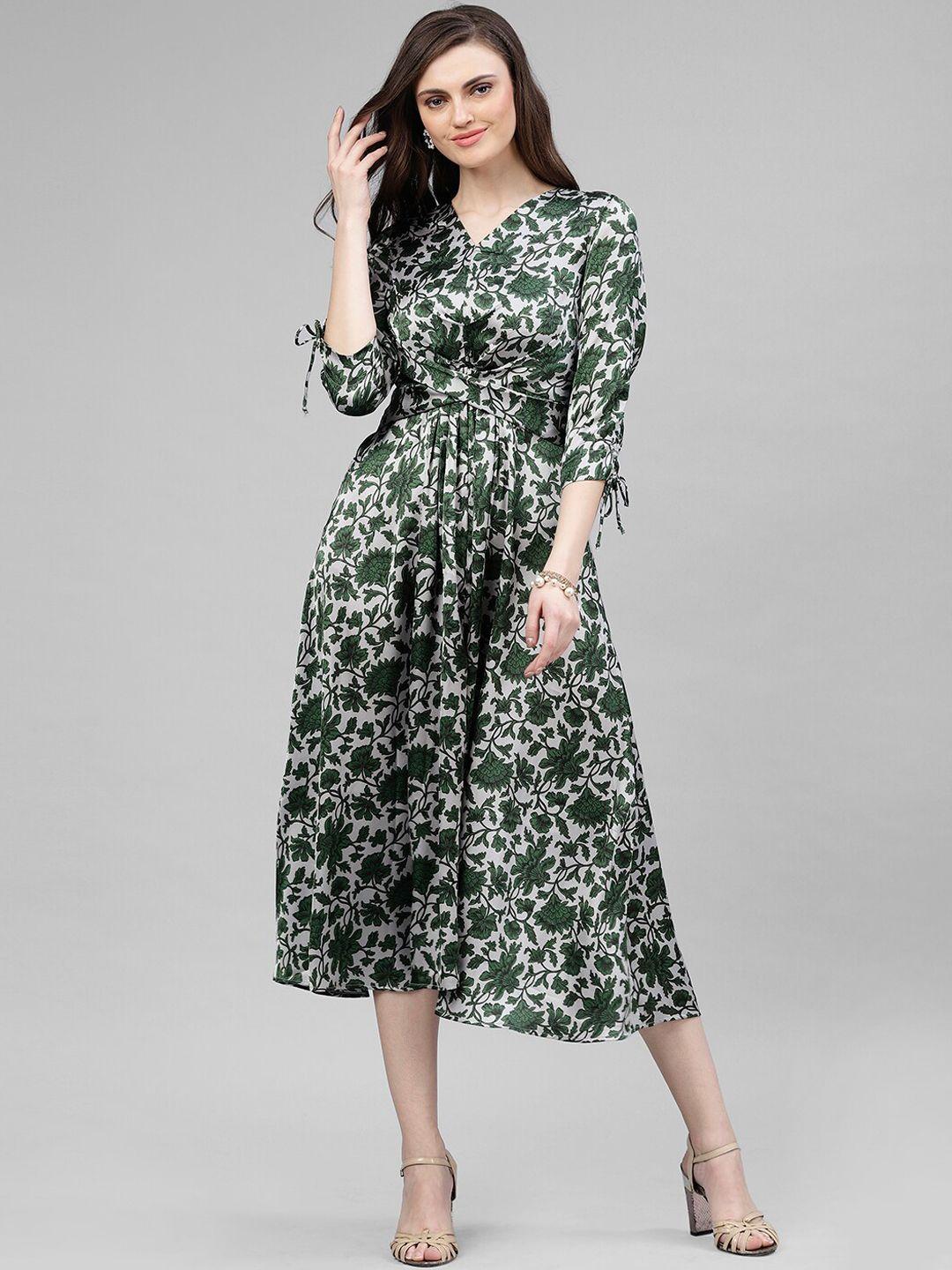 kassually women green printed fit and flare dress