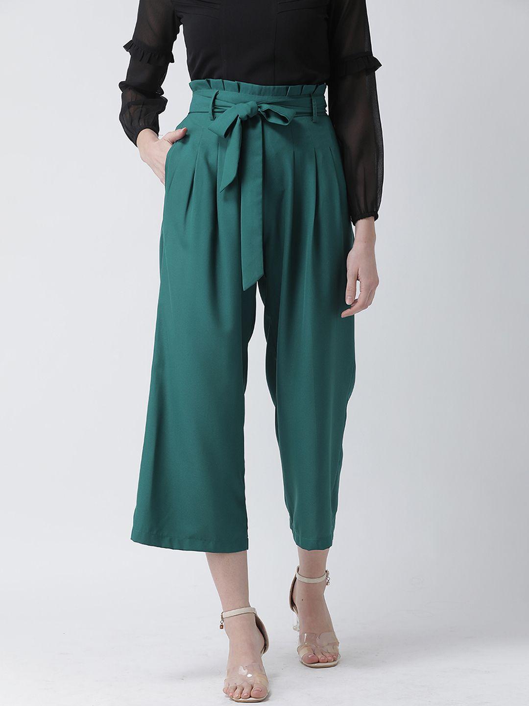 kassually women green regular fit solid parallel trousers