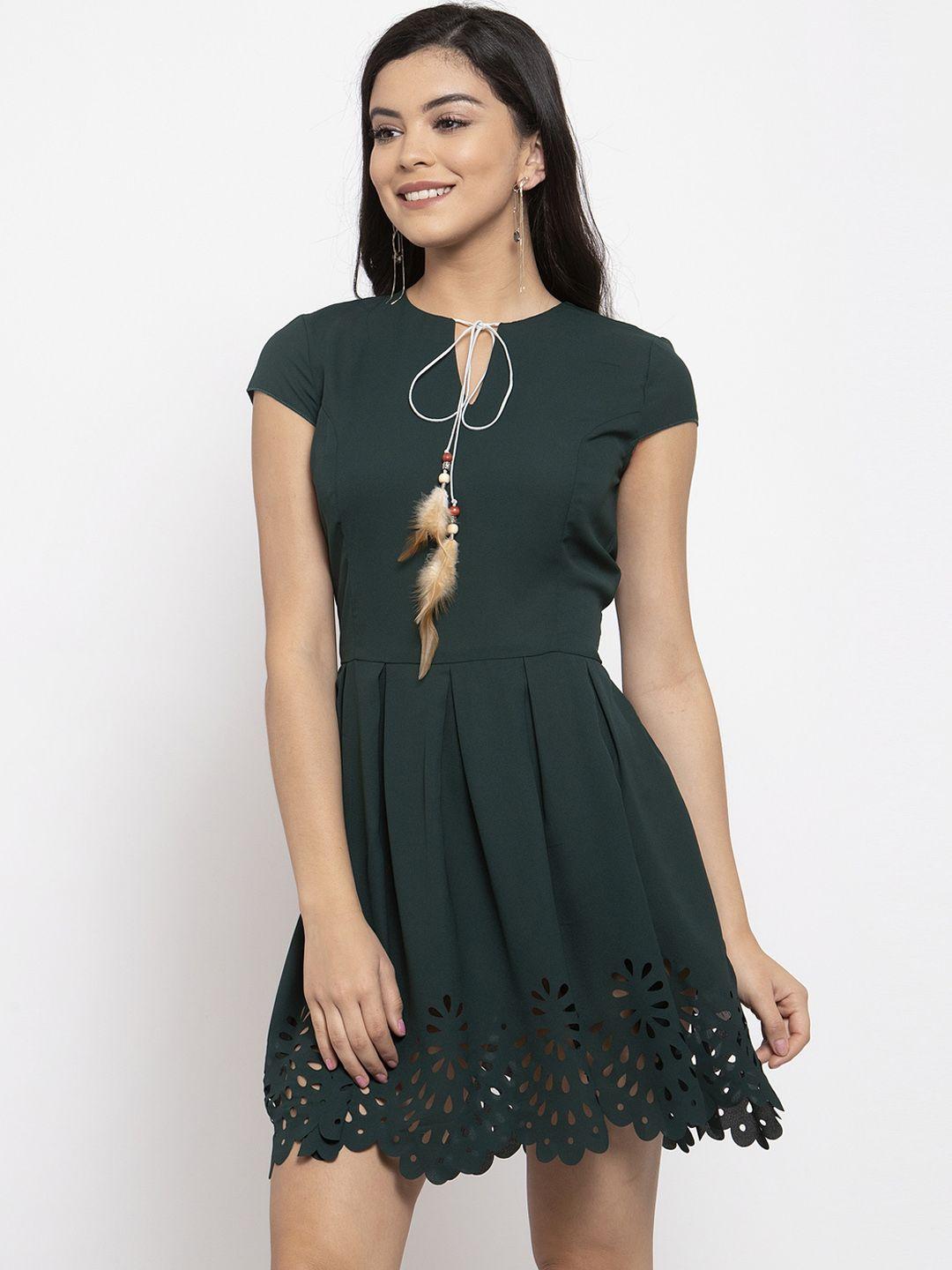 kassually women green solid fit and flare dress