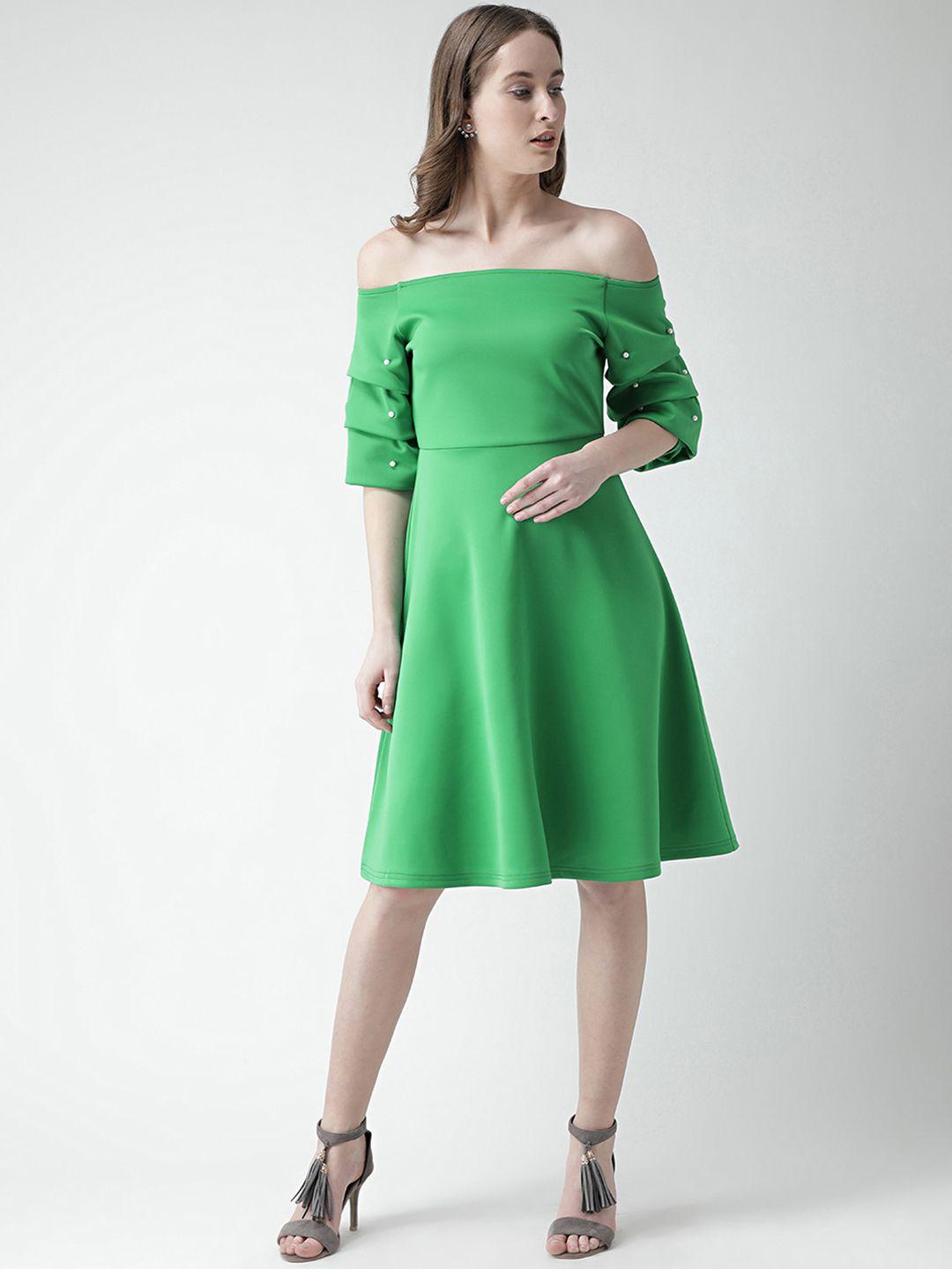 kassually women green solid fit and flare dress