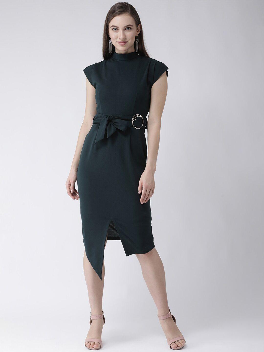 kassually women green solid sheath dress