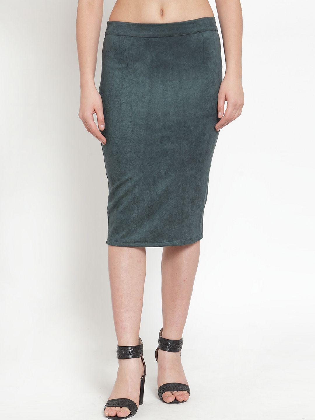 kassually women green solid straight knee-length skirt