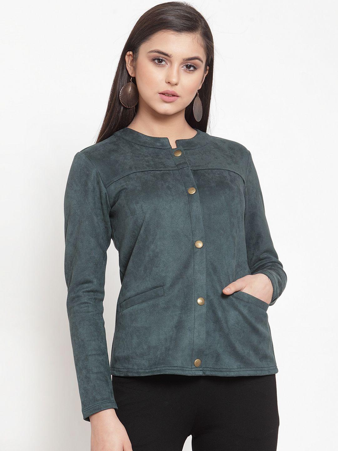 kassually women green solid suede tailored jacket