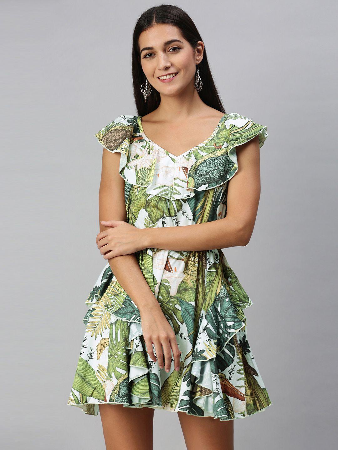 kassually women green tropical printed with ruffles jumpsuit