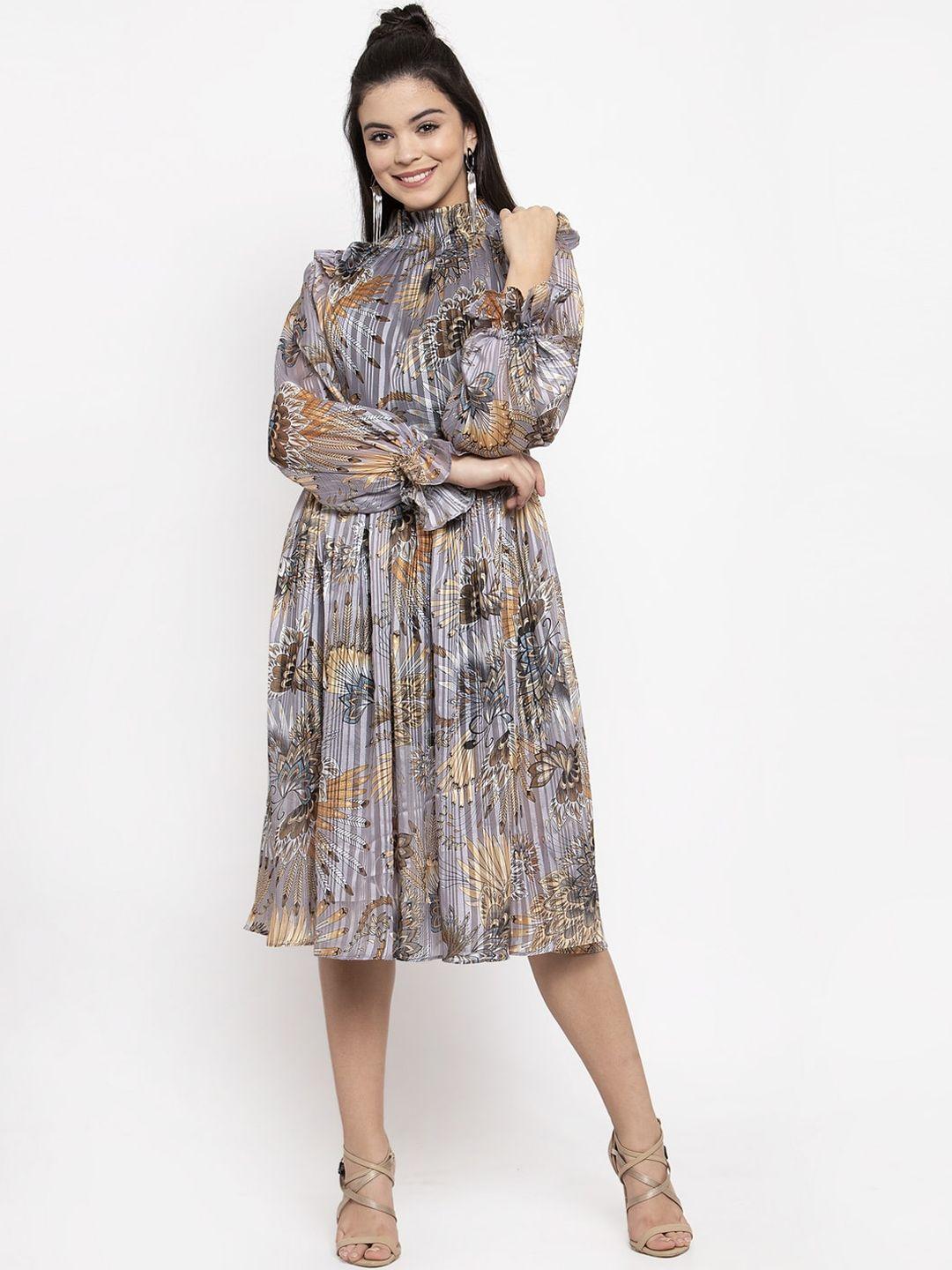 kassually women grey & beige printed fit and flare dress