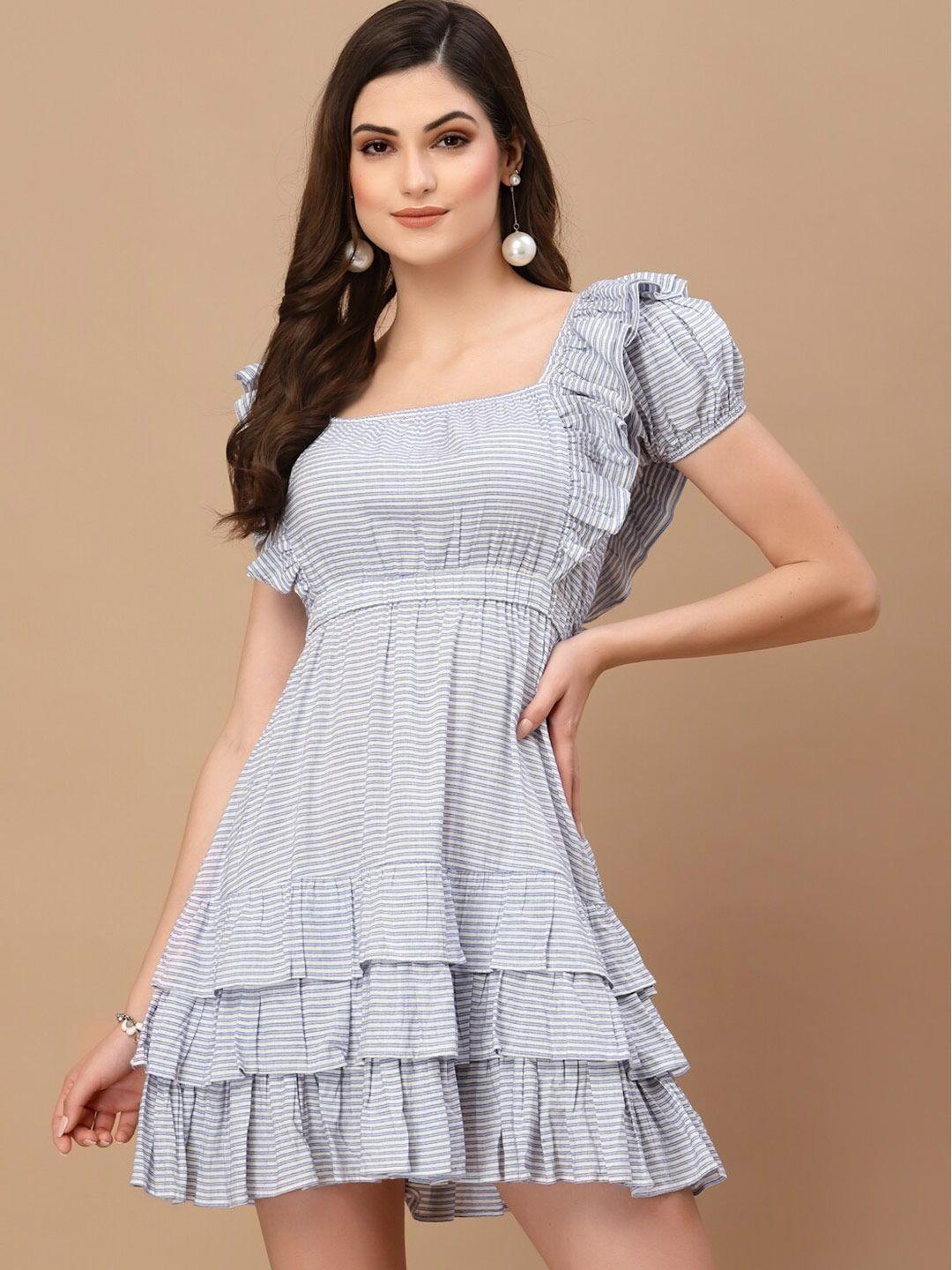 kassually women grey & white mini 3 layered ruffled dress