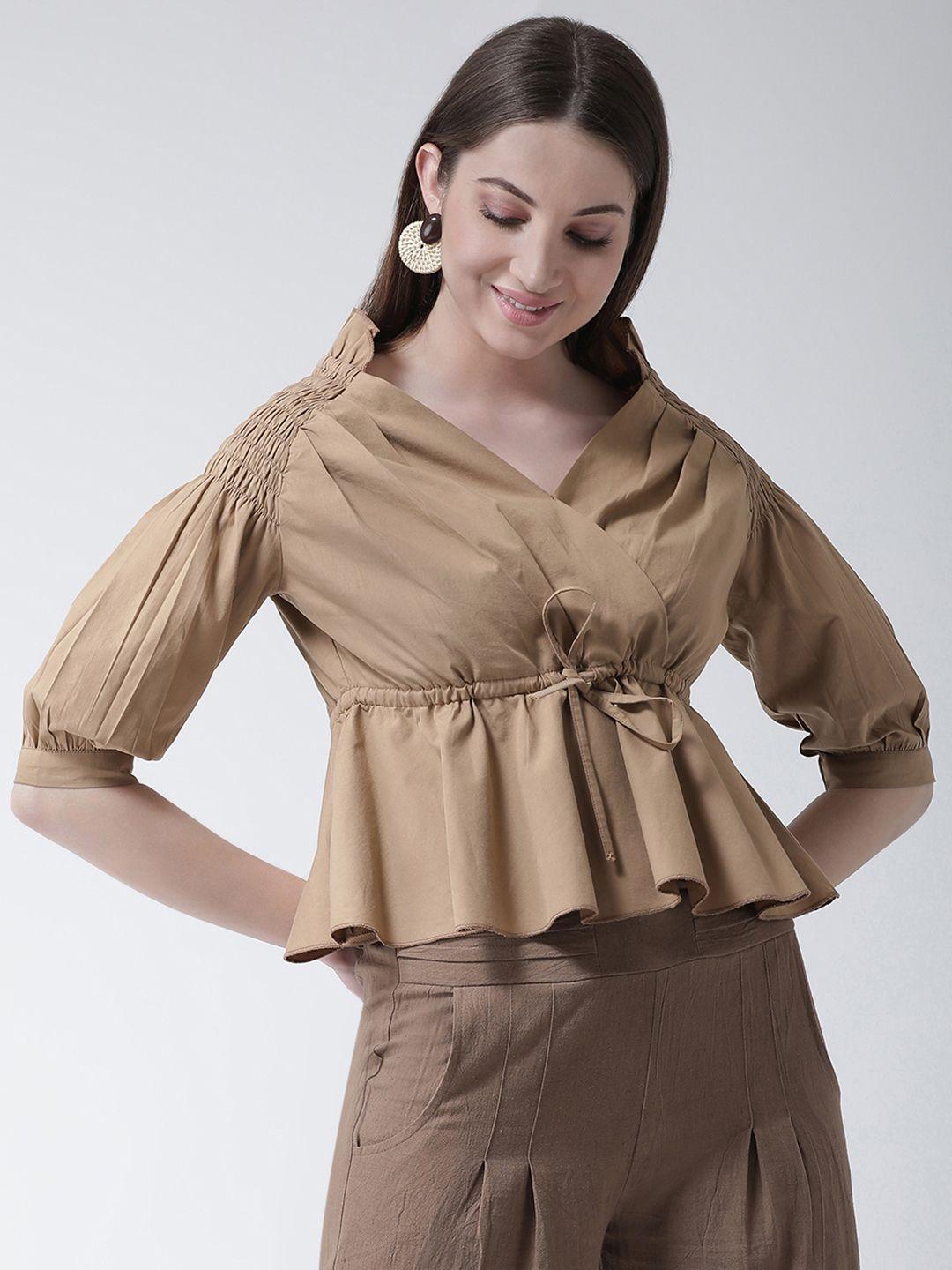 kassually women khaki-coloured solid cinched waist top