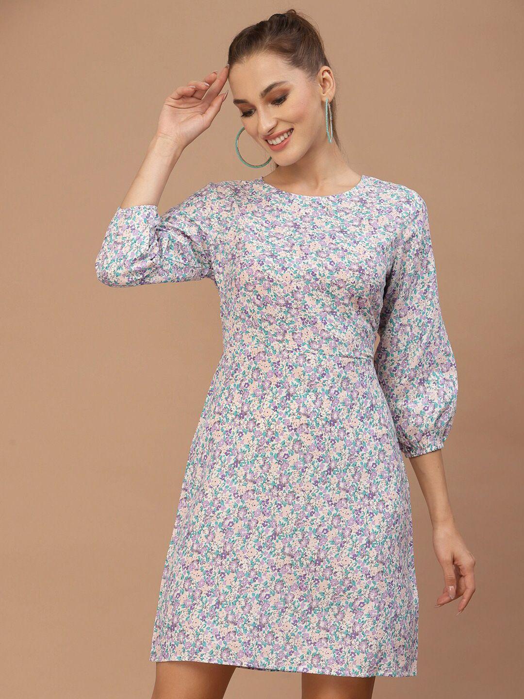 kassually women lavender & green floral printed a-line dress
