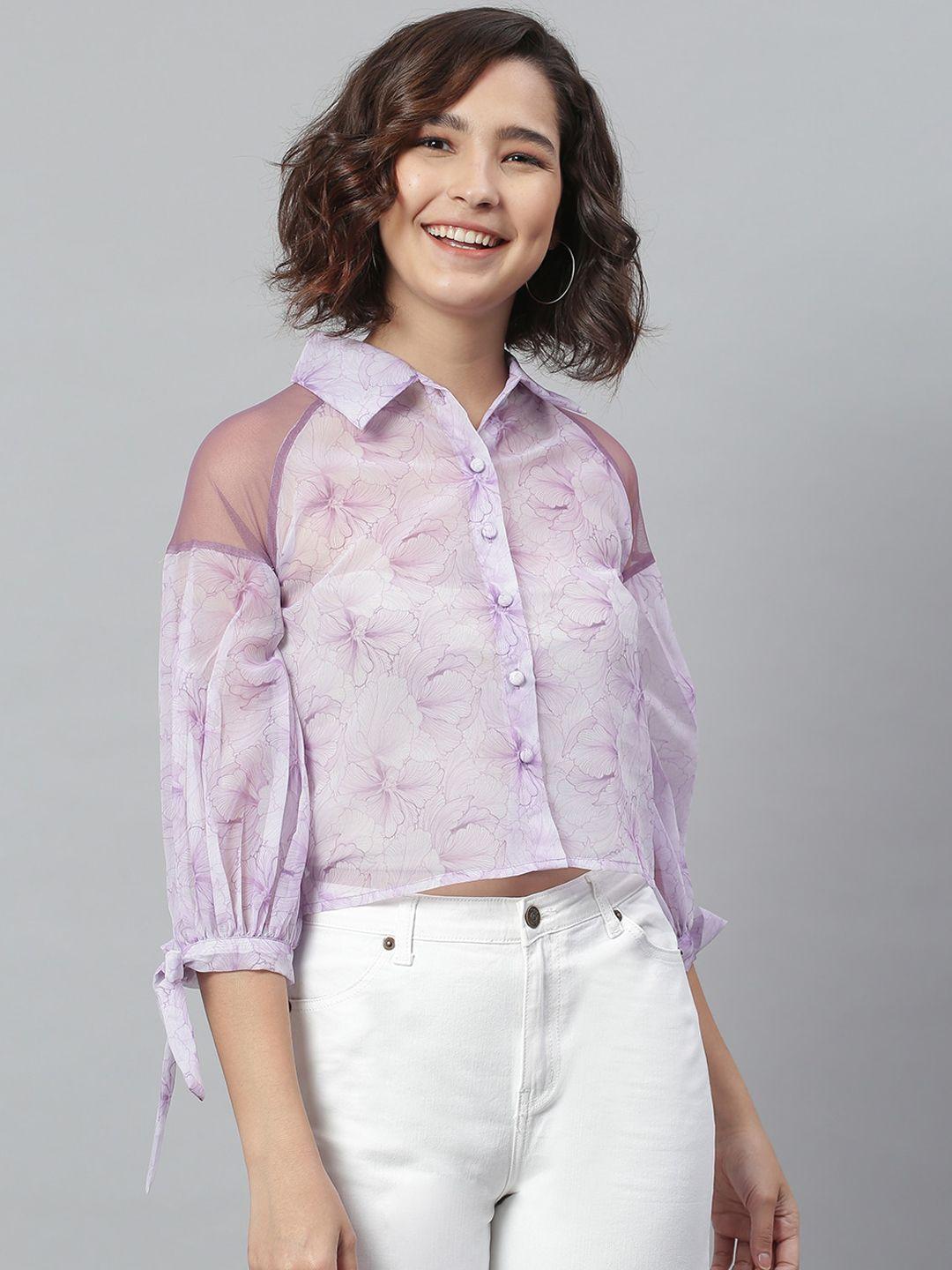 kassually women lavender & off-white regular fit printed casual shirt
