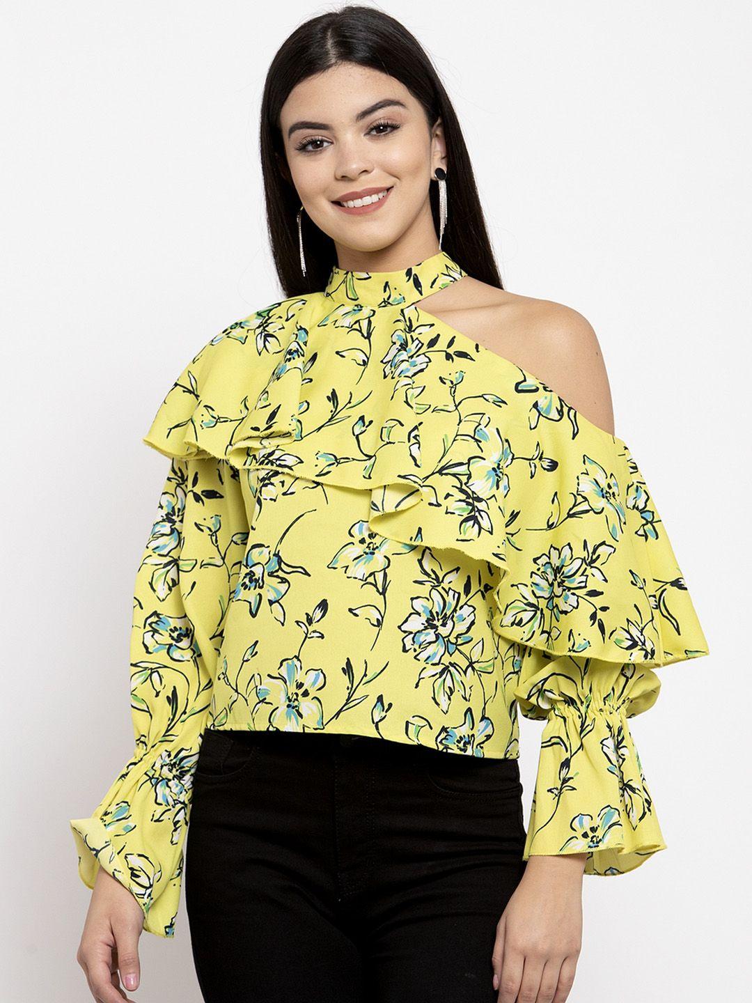 kassually women lemon yellow floral printed crop top