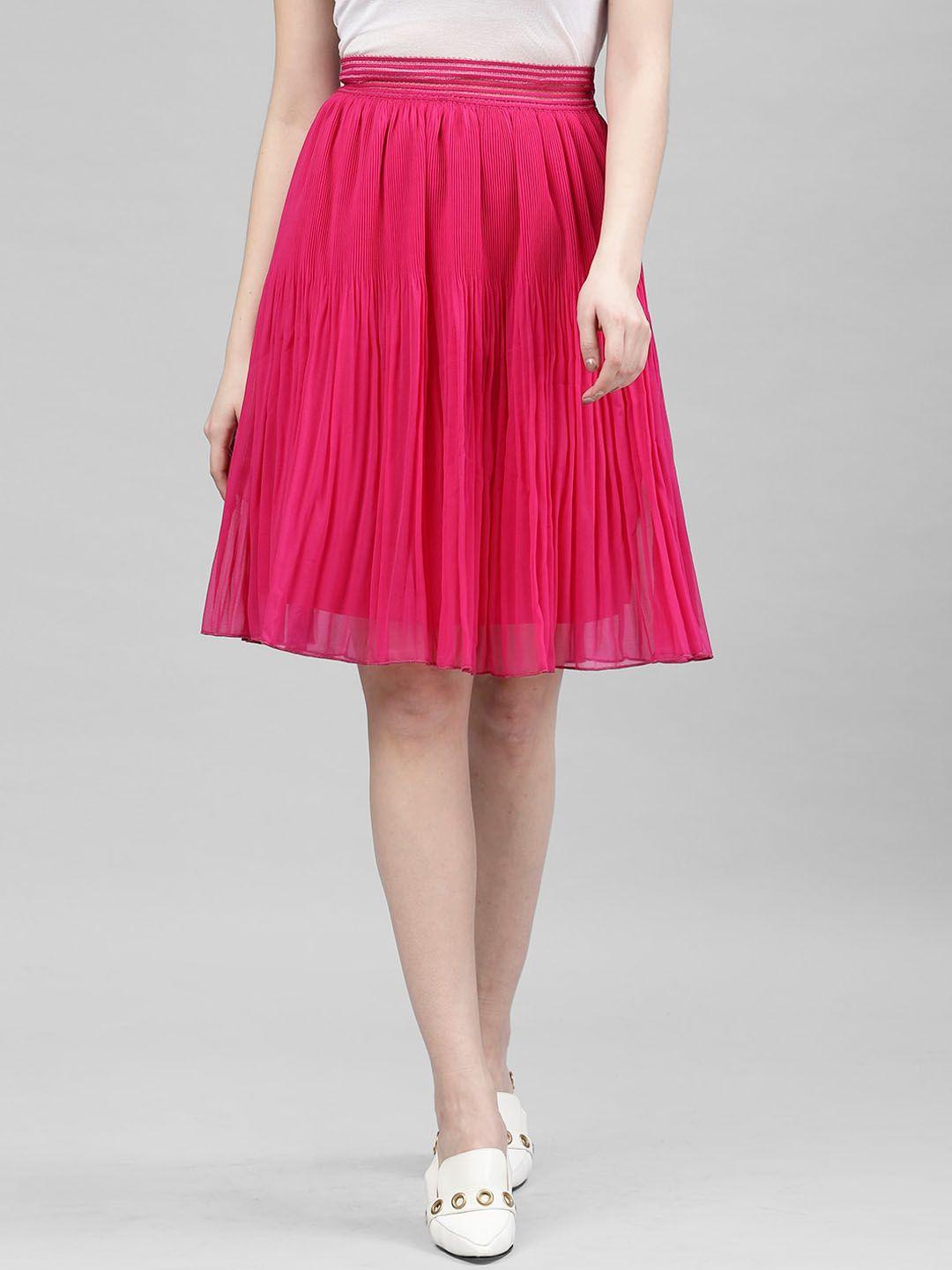 kassually women magenta-pink solid pleated a-line skirt