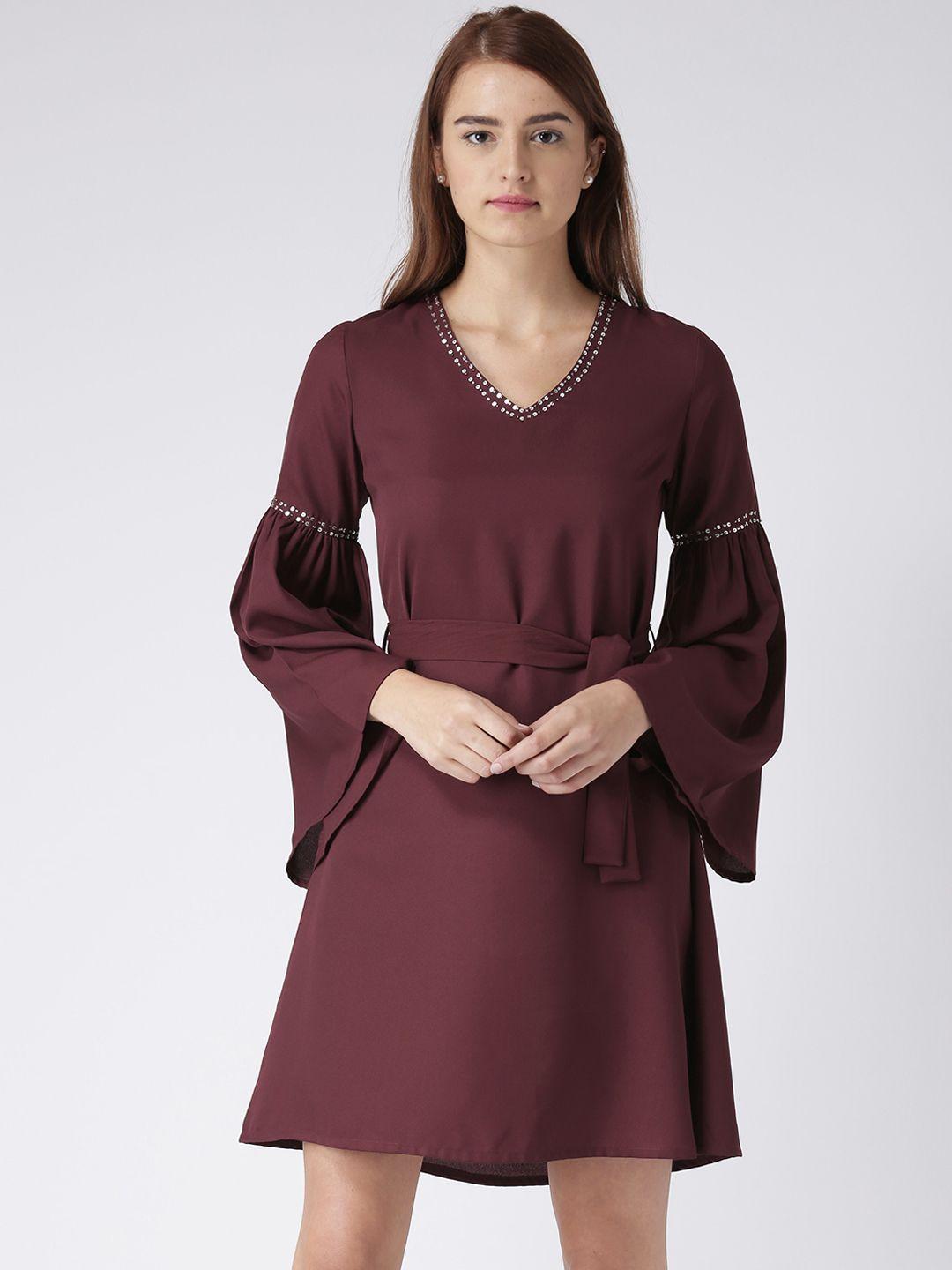 kassually women maroon gathered sleeve fit and flare dress