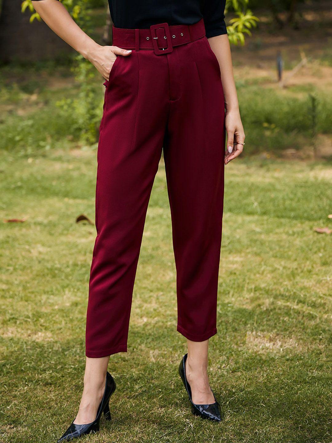 kassually women maroon high-rise belted cigarette trousers