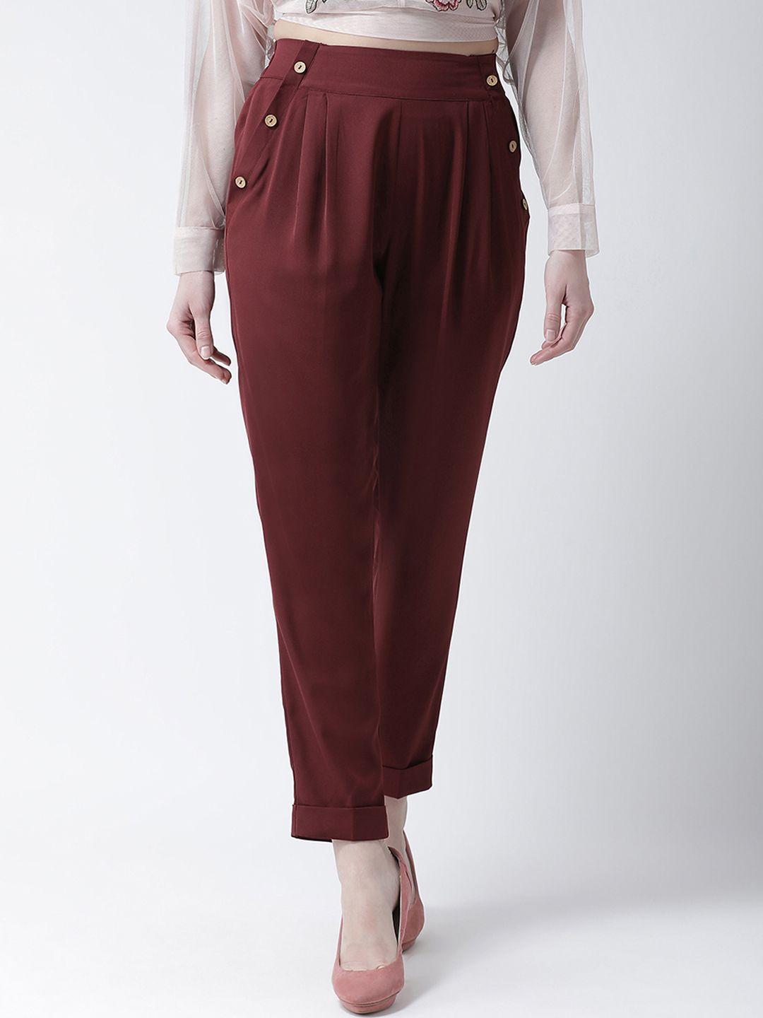 kassually women maroon regular fit solid peg trousers
