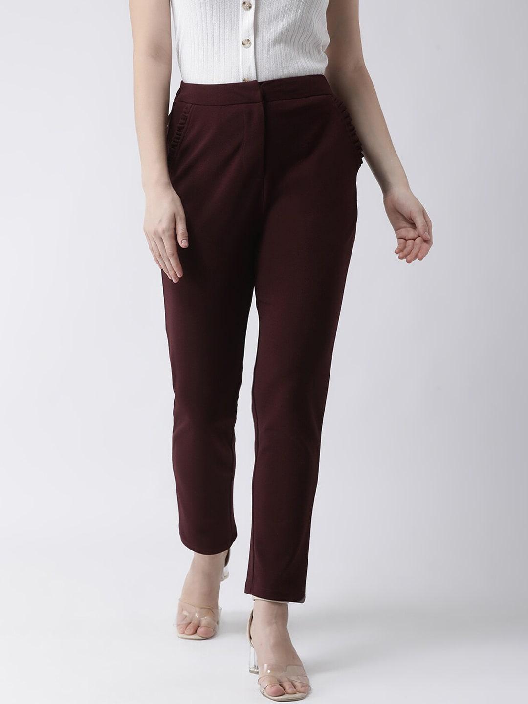 kassually women maroon regular fit solid regular trousers