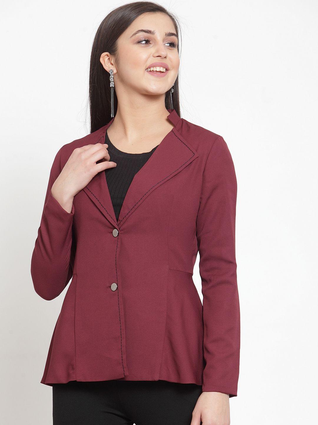 kassually women maroon solid flared hem single-breasted blazer