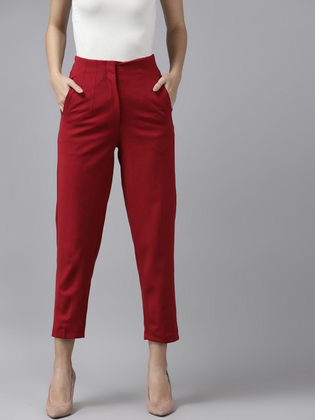 kassually women maroon solid peg trousers