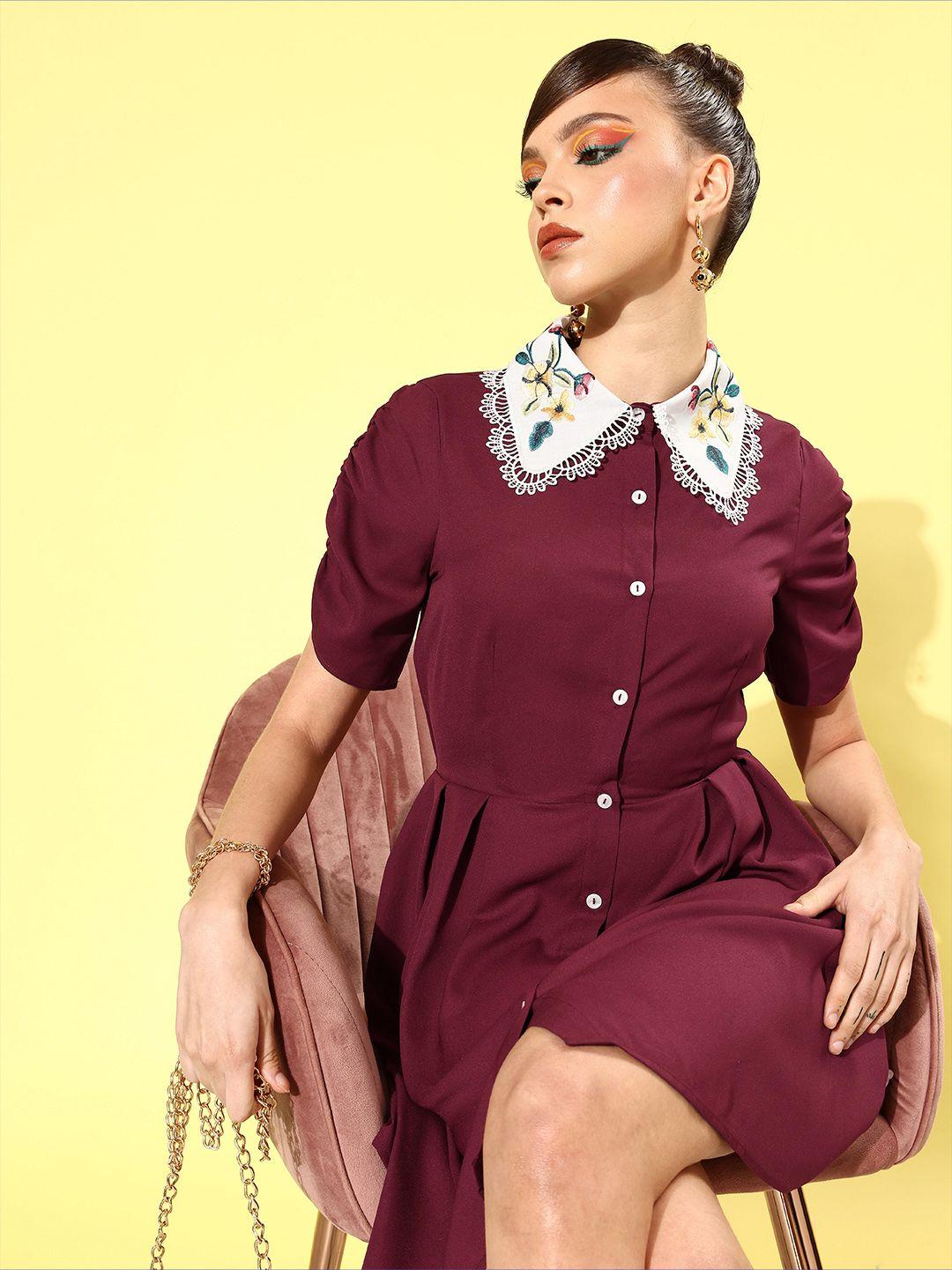 kassually women maroon solid statement collar dress