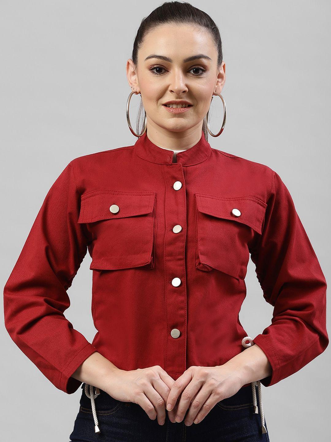 kassually women maroon solid tailored crop jacket