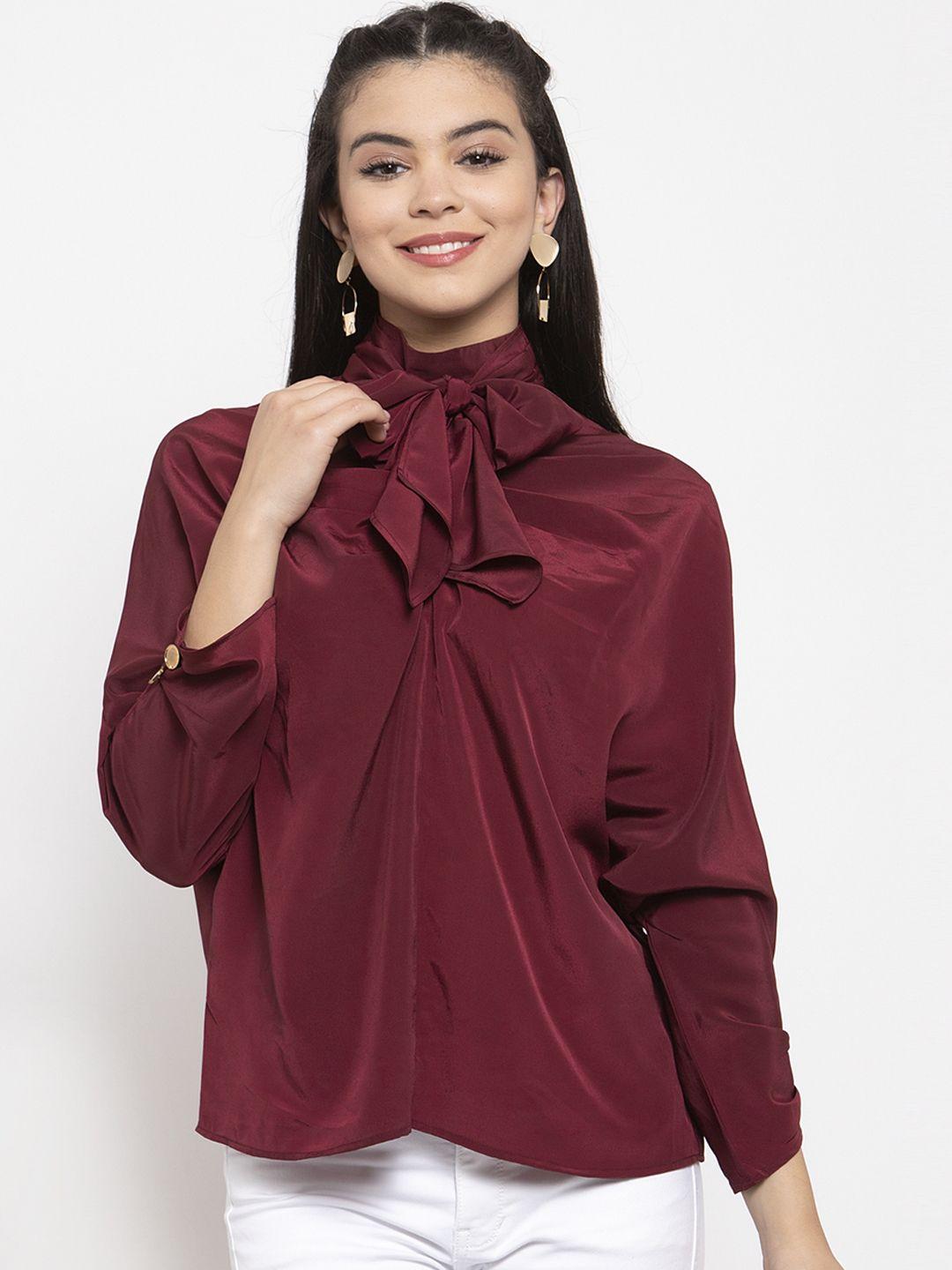 kassually women maroon solid top with tie up neck