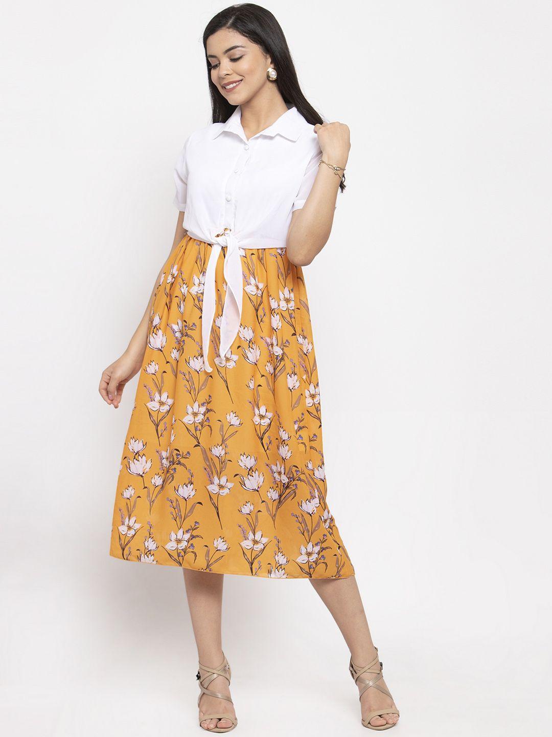 kassually women mustard yellow & white printed fit and flare dress with tie-up