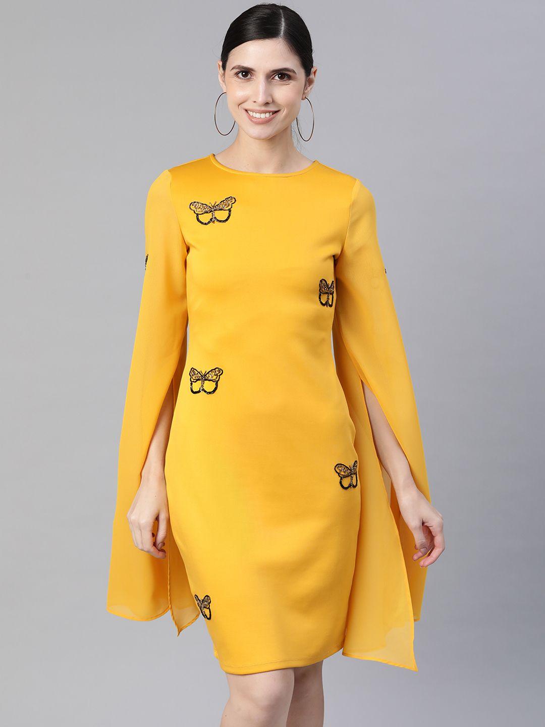 kassually women mustard yellow embellished sheath dress