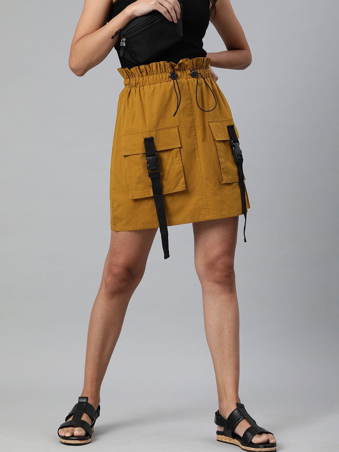 kassually women mustard yellow solid pleated a-line skirt