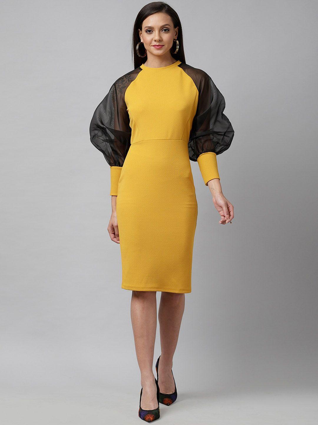 kassually women mustard yellow solid sheath dress