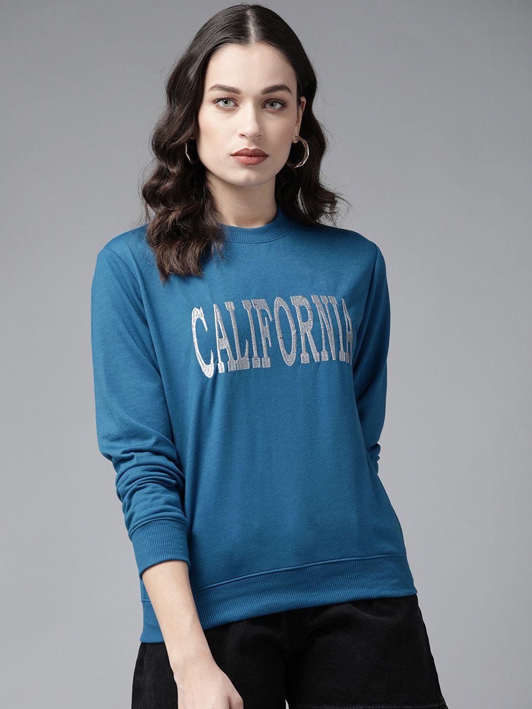 kassually women navy blue & silver embroidered sweatshirt