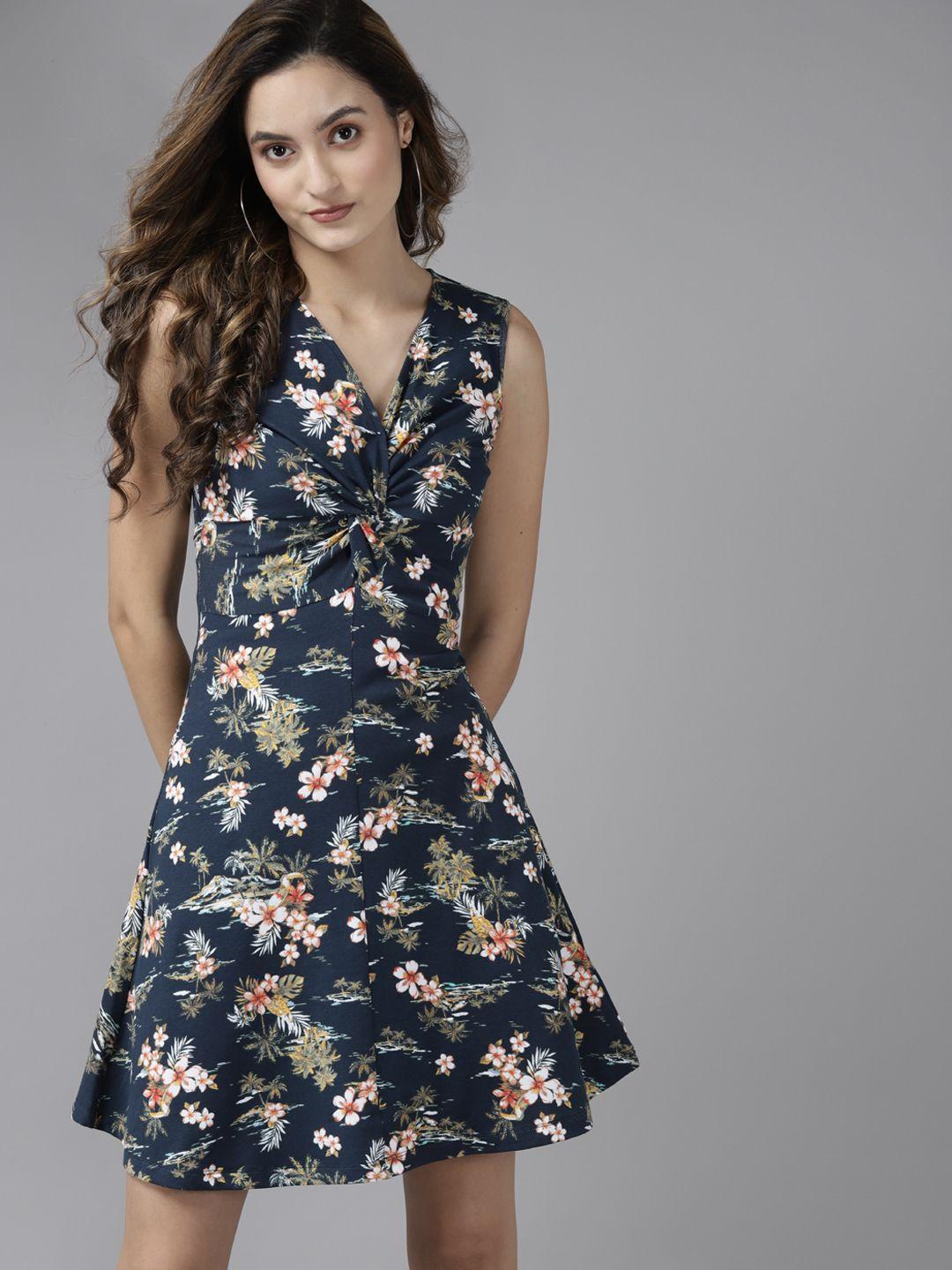 kassually women navy blue & white floral a-line dress