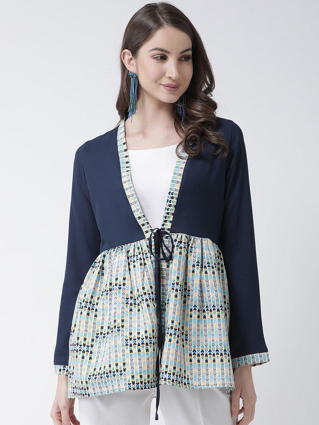 kassually women navy blue & yellow printed tie-up shrug