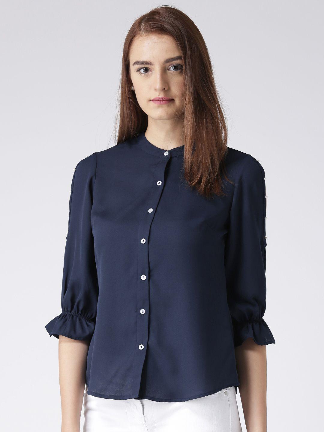 kassually women navy blue comfort regular fit solid formal shirt