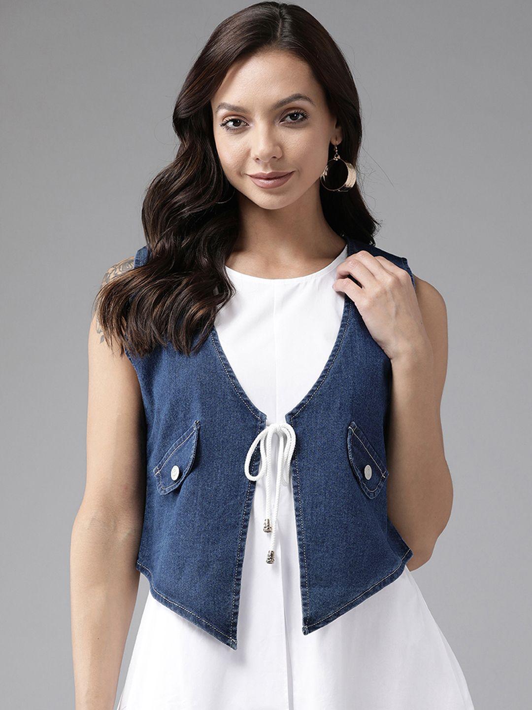 kassually women navy blue crop tie-up denim shrug