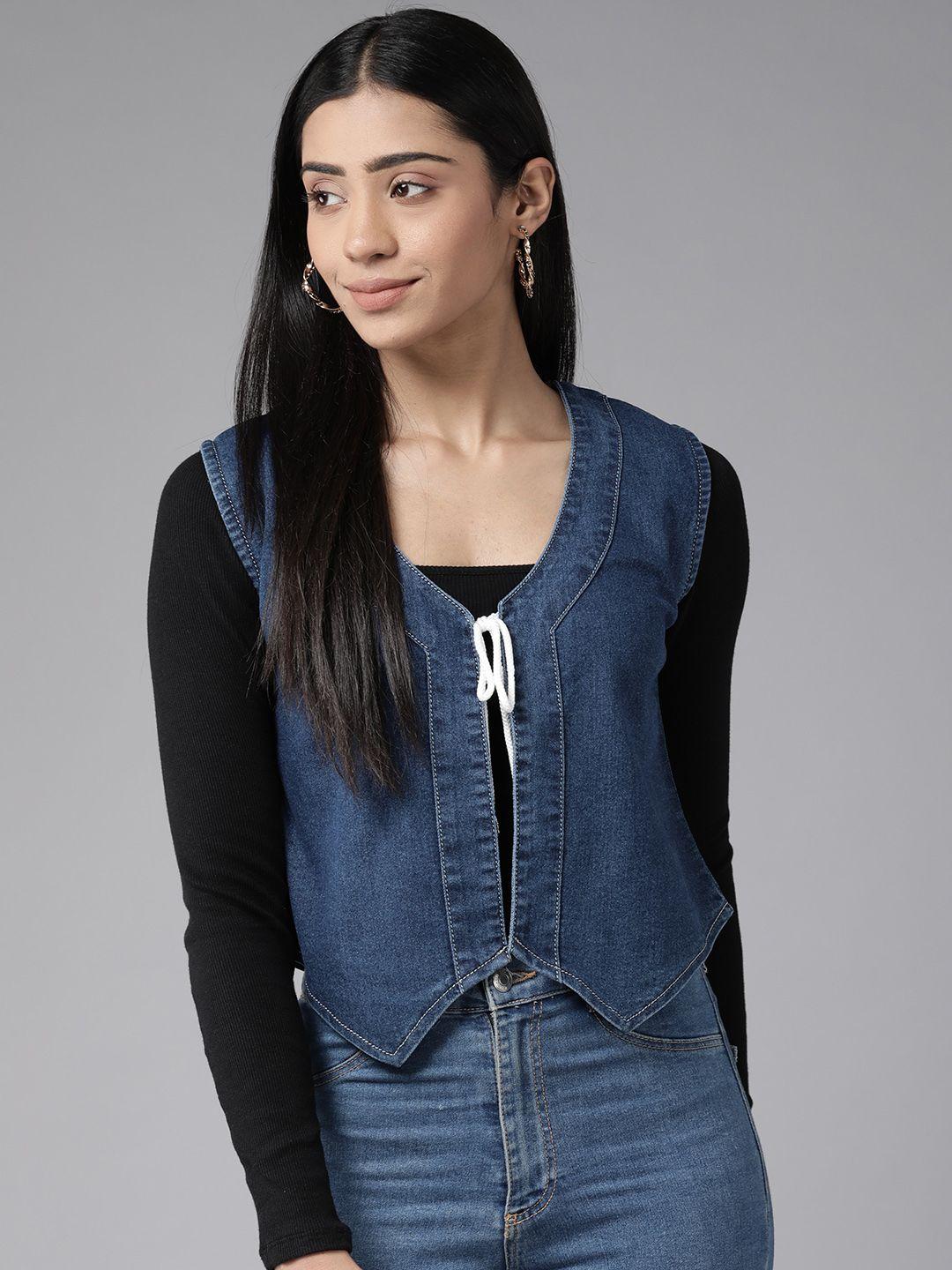 kassually women navy blue denim crop tie-up shrug