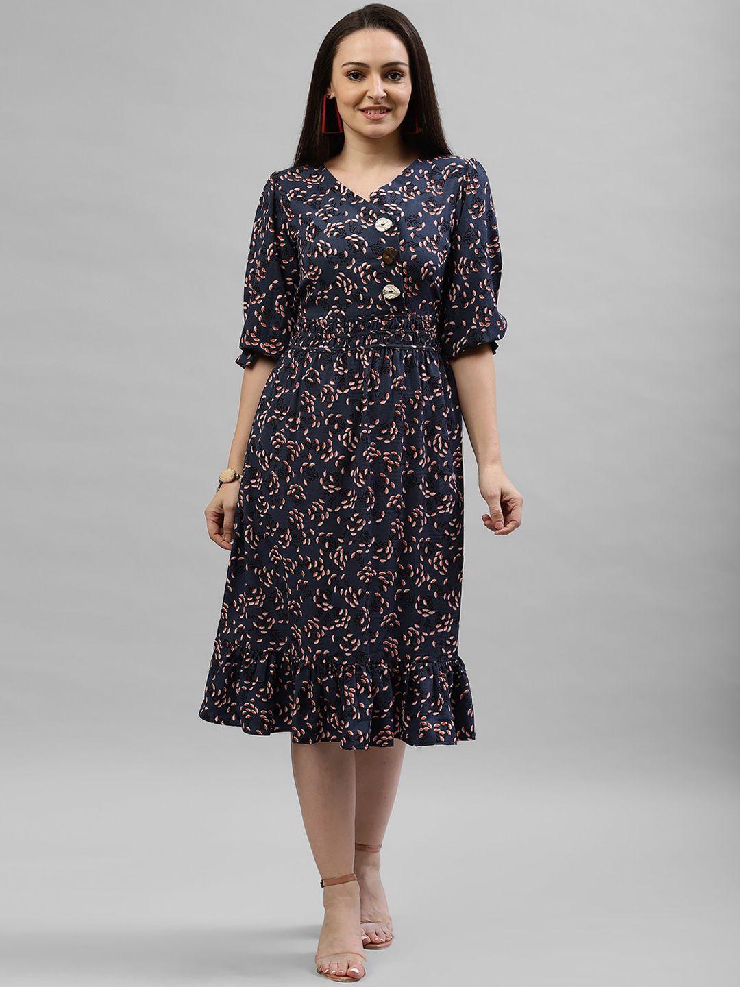 kassually women navy blue floral printed fit and flare dress