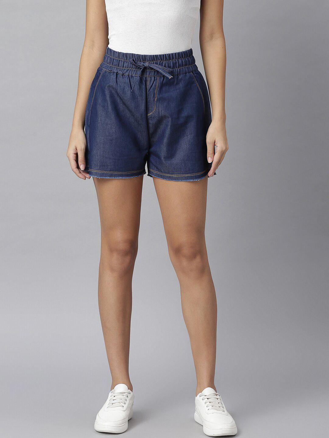 kassually women navy blue high-rise regular denim shorts