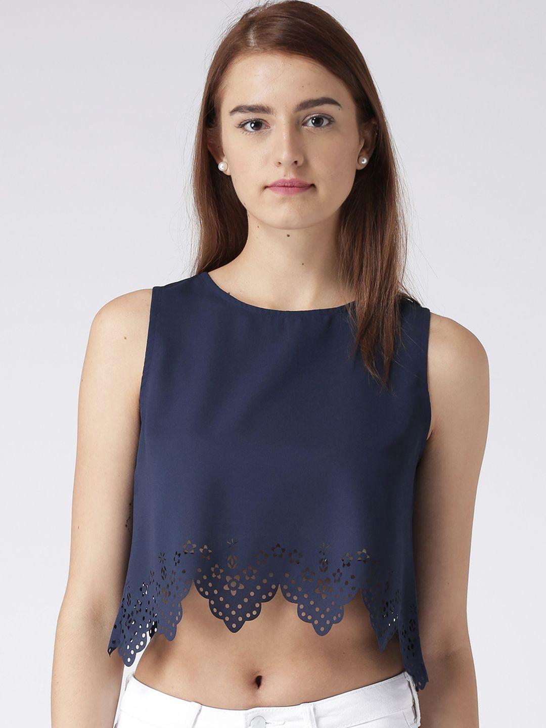 kassually women navy blue solid a-line crop top