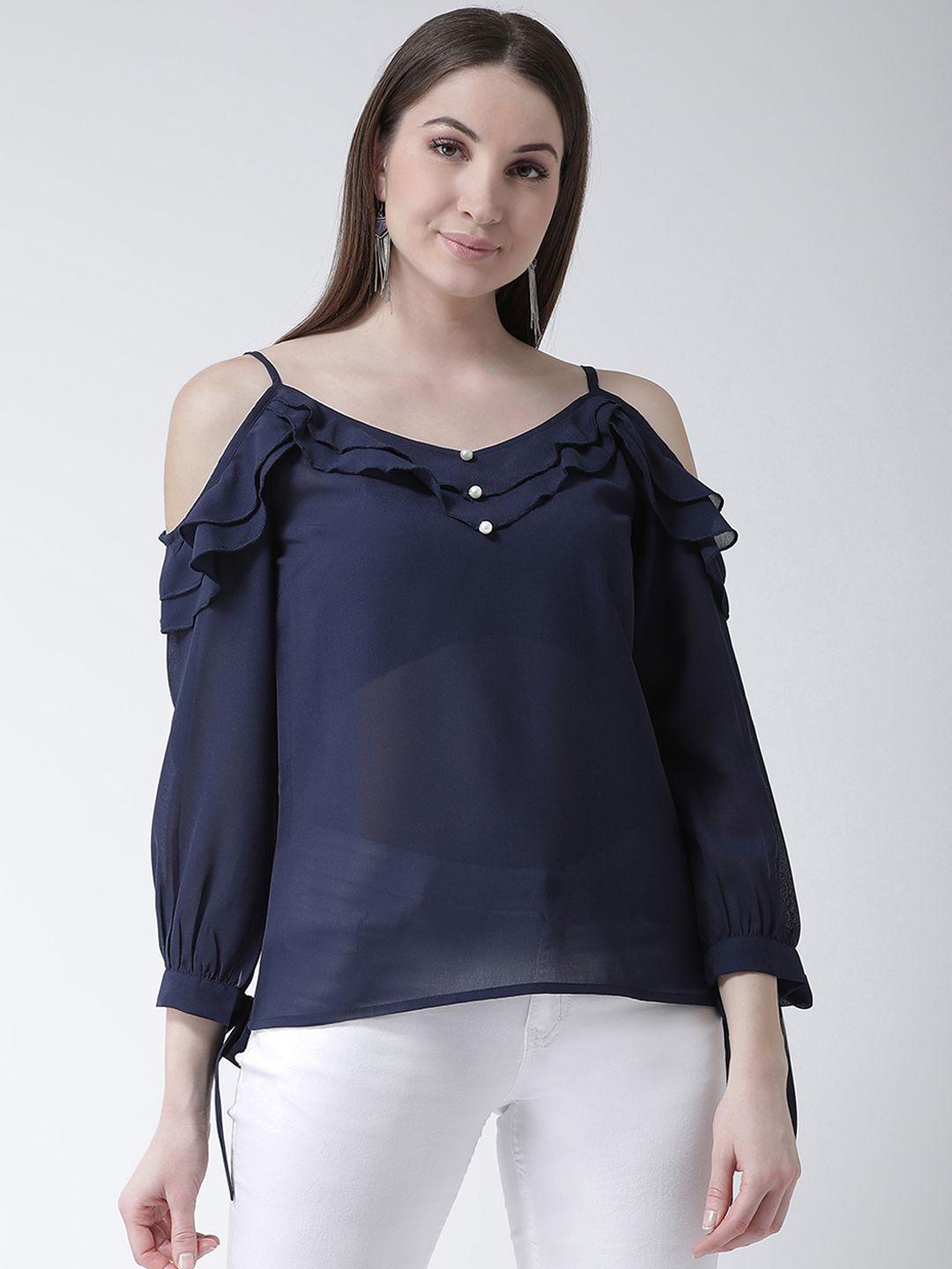 kassually women navy blue solid a-line top