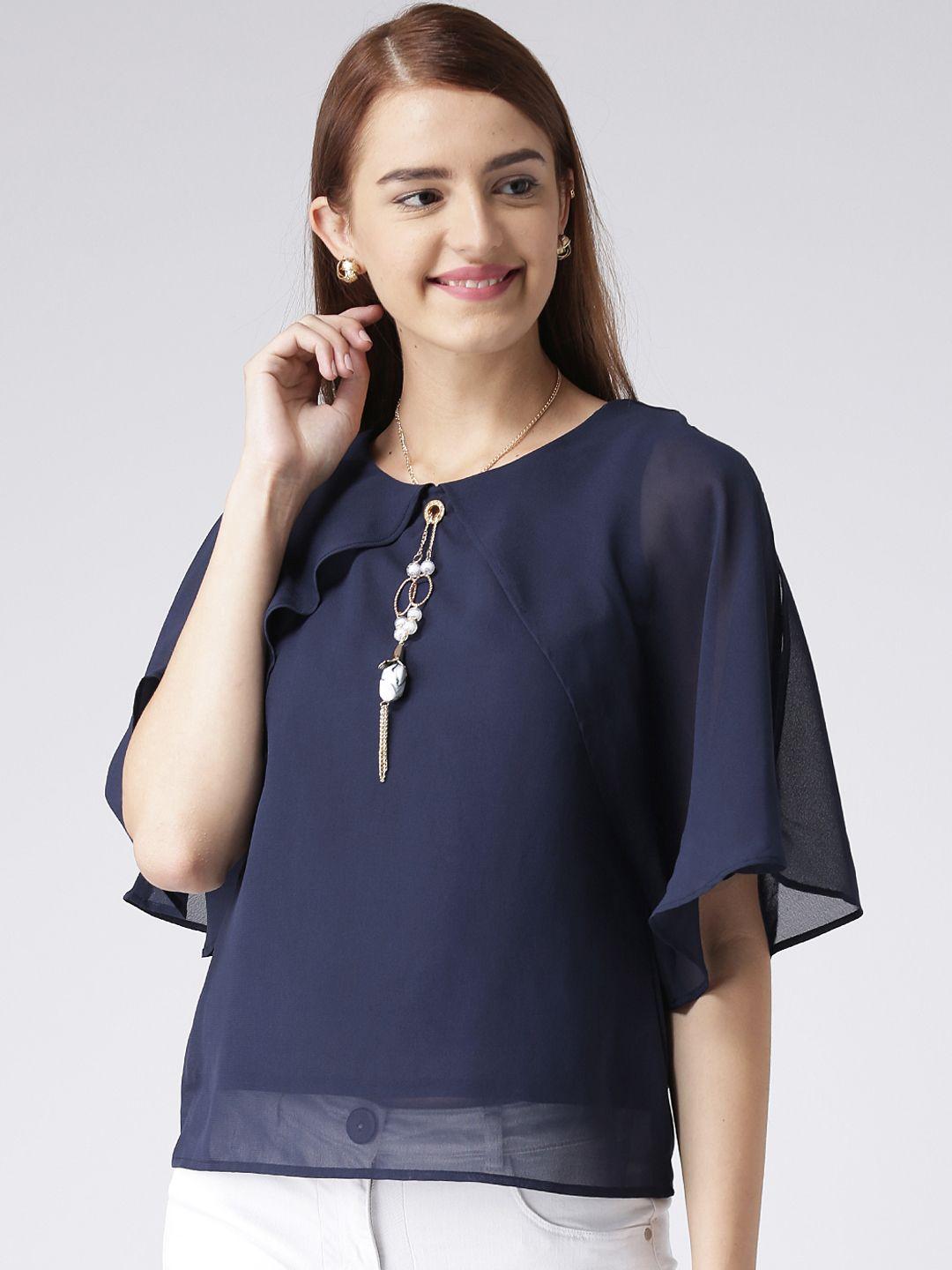 kassually women navy blue solid a-line top