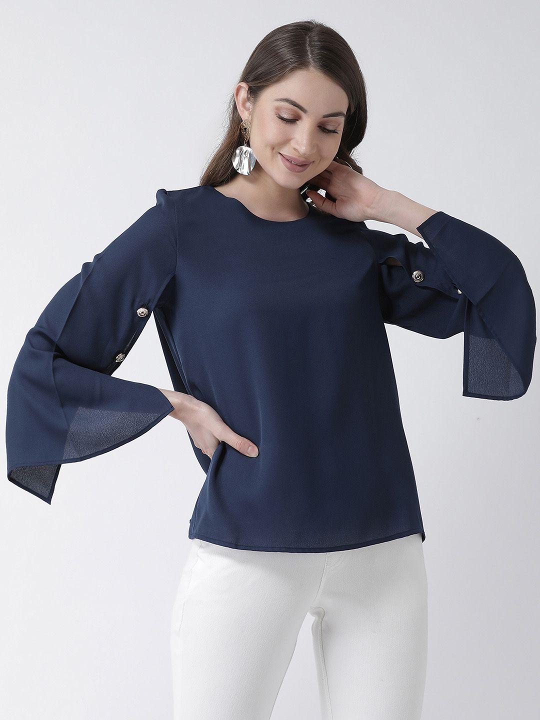 kassually women navy blue solid a-line top